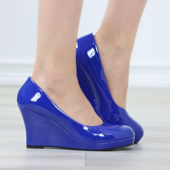 Blue Patent Close Rounded Toe Wedge Heel Rockabilly Style Shoe - Picture 6 of 14